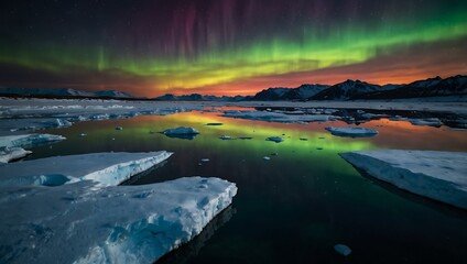 Aurora borealis reflecting on a frozen Arctic lake with vibrant colors and deep shadows.