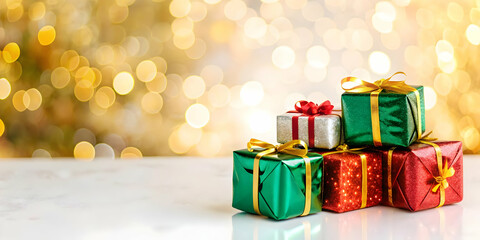 3D Bokeh Christmas Gift Background: Soft Bokeh with Wrapped Gifts, Perfect for Holiday Messages - Festive Atmosphere & Copy Space