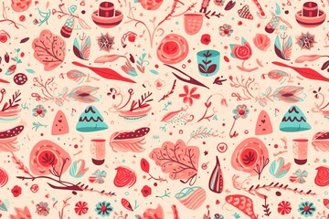 Naklejka premium Christmas Seamless Pattern. Coniferous branches, cones, red artificial berries, thuja branches. Pattern for wrapping paper, greeting cards, invitations, fabric, prints.