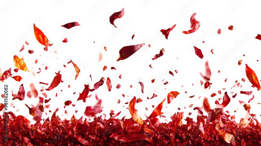 Poster abstract image of red leaves and petals falling against a white background, creating a vibrant and d