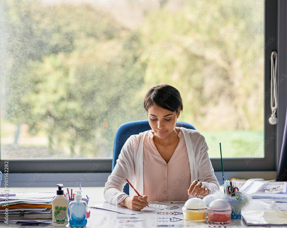 Poster woman, teacher and writing in classroom for student exercise, test and assessment for brain developm