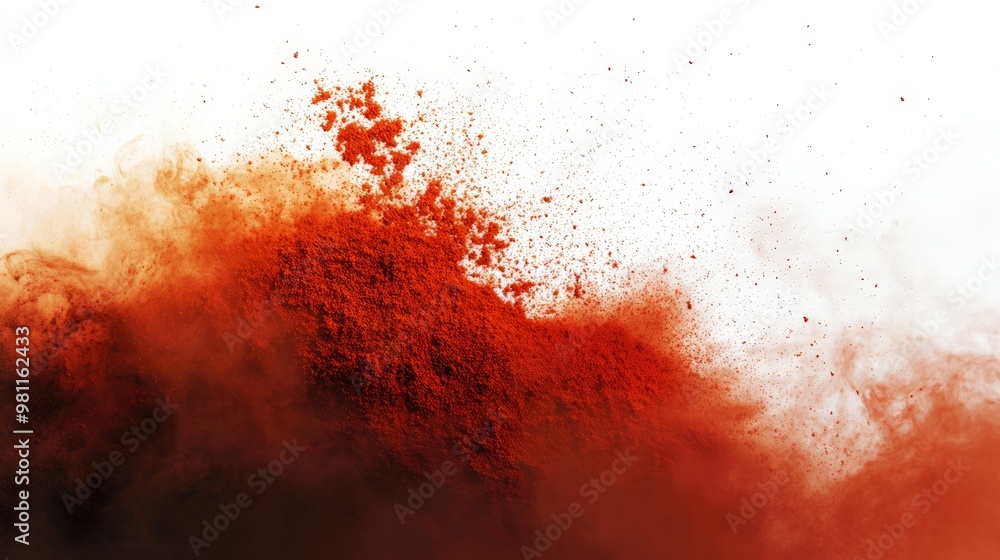 Poster abstract red powder explosion on white background. vibrant color dust cloud creating dramatic and dy