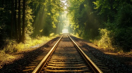 Fototapeta premium A long, straight railway track with gravel between the rails, stretching through a dense forest, with sunlight filtering through the trees, representing peaceful solitude.