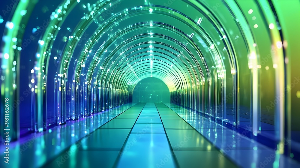 Poster mesmerizing futuristic glowing tunnel with neon light patterns and geometric perspective