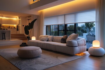 A person in a living room adjusting the blinds with a voice command, while a smart assistant manages the thermostat and smart appliances, creating a seamless and comfortable home environment 