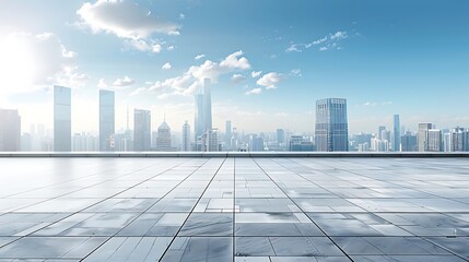 Fototapeta premium Beautiful city skyline and empty square floor with reflection