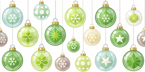 Seamless Flat Vector Illustration of Recycled Glass Christmas Ornaments: Eco-Friendly, Sustainable Holiday Design with Shimmering Textures