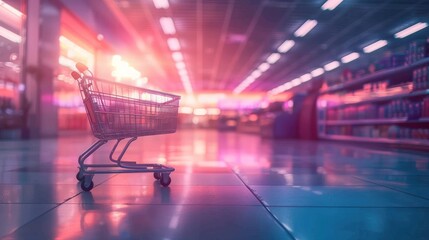 A shopping cart stands alone in an empty supermarket aisle under colorful lights.