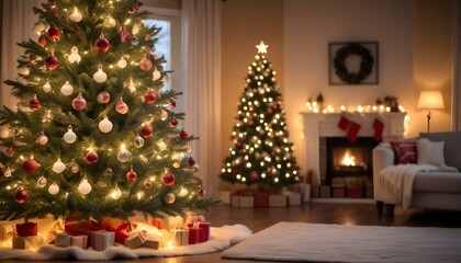 Decorated Christmas tree with ornaments and lights, with a blurred background of a cozy living room setting