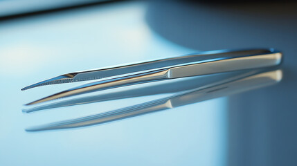 Close-up of stainless steel tweezers on a reflective surface.