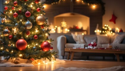 Decorated Christmas tree with ornaments and lights, with a blurred background of a cozy living room setting