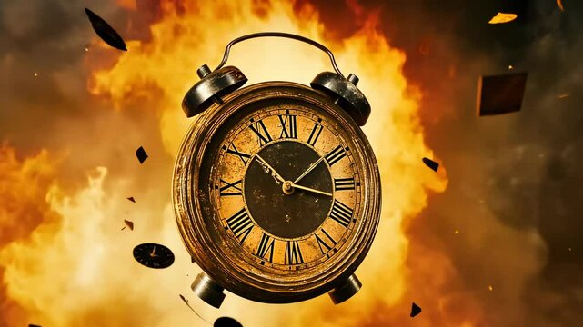 An antique clock is caught in mid-air as it explodes dramatically, scattering fiery debris all around. The intense flames and burning shards create a sense of chaos and urgency amidst the destruction.