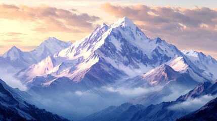 A breathtaking mountain landscape at sunrise, showcasing majestic peaks and soft clouds in a serene atmosphere.