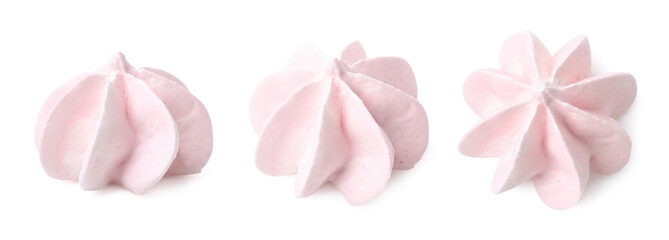 Delicious meringue cookies on white background, collage