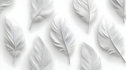 3D White Feather Outline Tiles Seamless Pattern - Minimalist Design Emphasizing Delicacy and Lightness for Janeiro Branco - Isolated Icon on White Background