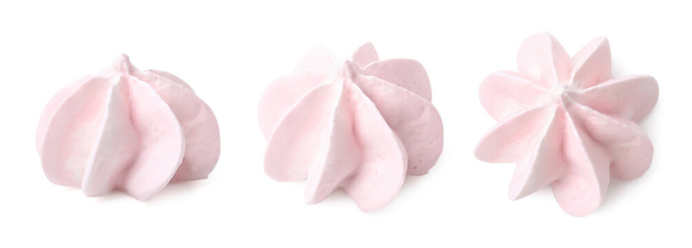 Delicious meringue cookies on white background, collage