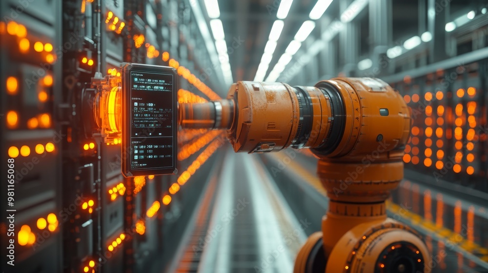 Poster robotic system analyzing data in a high-tech server room during the day
