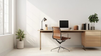 A minimalist home office with a sleek desk, a simple ergonomic chair, and a few well-organized essentials, set against a clean, white backdrop.