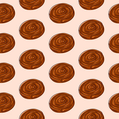 Seamless pattern of cinnamon rolls in flat style. Design for bakery, packaging, wallpapers or fabric prints.