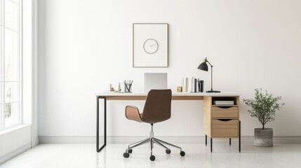 A minimalist home office with a sleek desk, a simple ergonomic chair, and a few well-organized essentials, set against a clean, white backdrop.