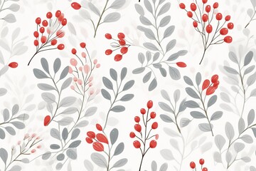 Christmas Seamless Pattern. Coniferous branches, cones, red artificial berries, thuja branches. Pattern for wrapping paper, greeting cards, invitations, fabric, prints.
