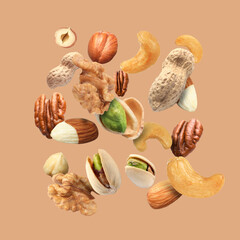 Pecan and other nuts in air on dark beige background