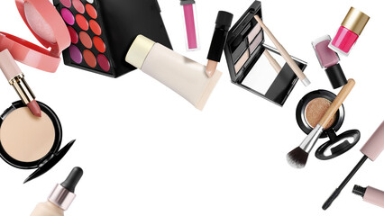 Different makeup products flying on white background