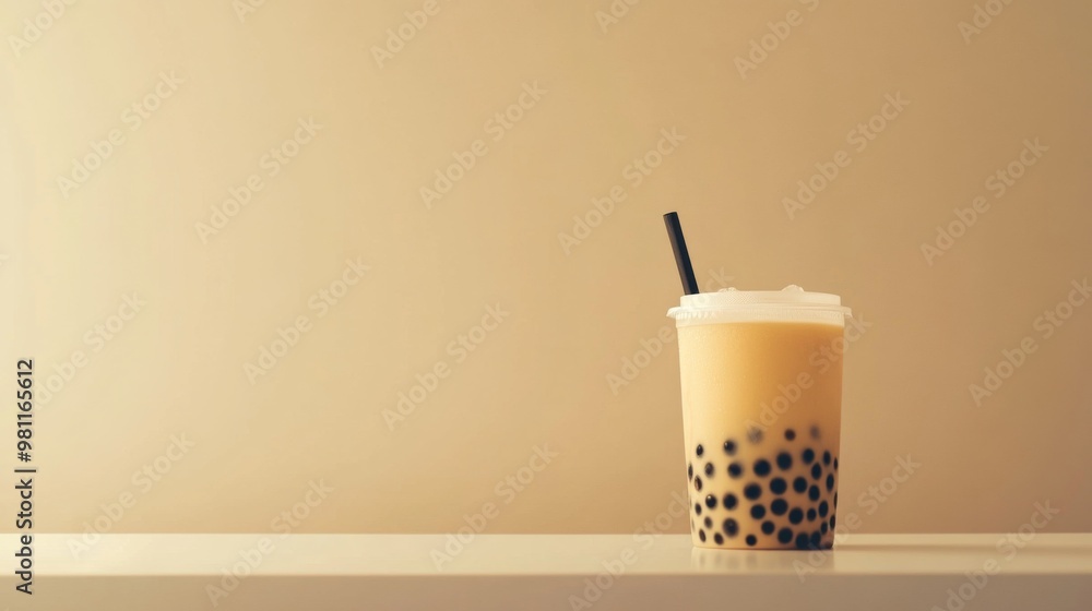 Poster A minimalist setting with a single cup of bubble tea on a white table, emphasizing its simplicity and elegance with a clean, uncluttered background.