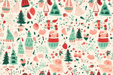 Christmas Seamless Pattern. Coniferous branches, cones, red artificial berries, thuja branches. Pattern for wrapping paper, greeting cards, invitations, fabric, prints.