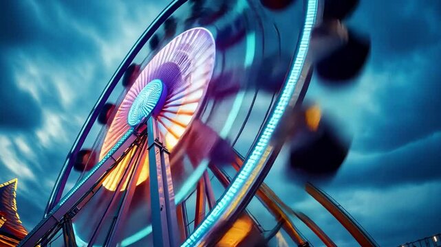 Luminous ferris wheel with backlighting, blurred by a slow shutter speed