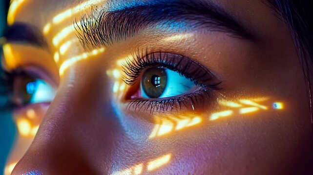 Close-up of a young woman's eye with vibrant geometric light projections on her face. The detailed eyelashes and skin texture are illuminated. The overall mood is introspective and artistic.