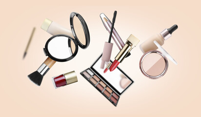 Different makeup products flying on beige background