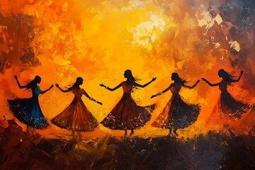 Silhouettes of Women Dancing in a Golden Sunset.