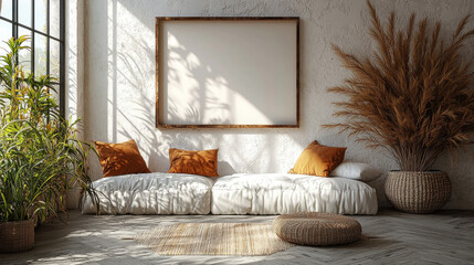 Bohemian living room with a large framed poster above a white futon.