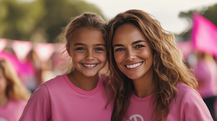 Obraz premium Smiling Mother and Daughter at a Breast Cancer Awareness Event, Wearing Matching Pink T-Shirts, Capturing Family Support and Love