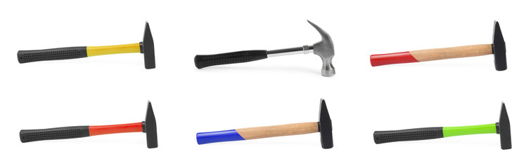 Collage with different hammers on white background
