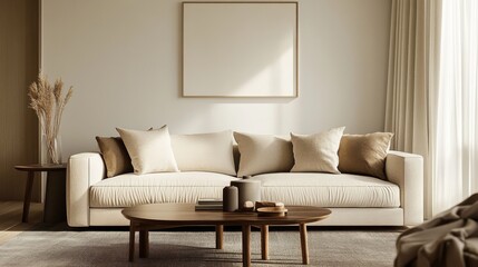 Fototapeta premium A modern living room with a sleek, minimalist sofa in neutral tones, complemented by a stylish coffee table and contemporary decor, creating a chic and inviting space.