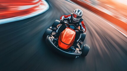 Obraz premium A go-kart racer speeds around a track, showcasing the thrill of motorsport.