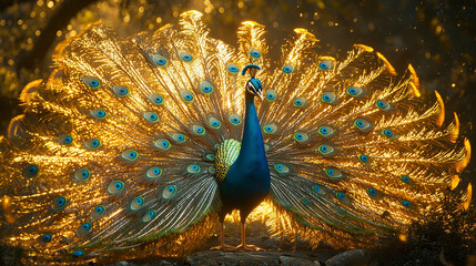 A cinematic close-up of a majestic peacock spreading its vibrant feathers, with smooth lighting and fine details highlighting the intricate patterns.
