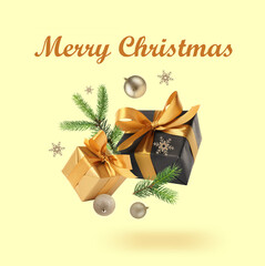 Merry Christmas greeting card with gift boxes, fir tree branches, decorative balls and snowflakes...