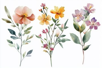 Fototapeta premium This collection features beautiful watercolor paintings of vibrant wildflower bouquets and delicate leaves, ideal for enhancing floral decor and adding an artistic touch to your space