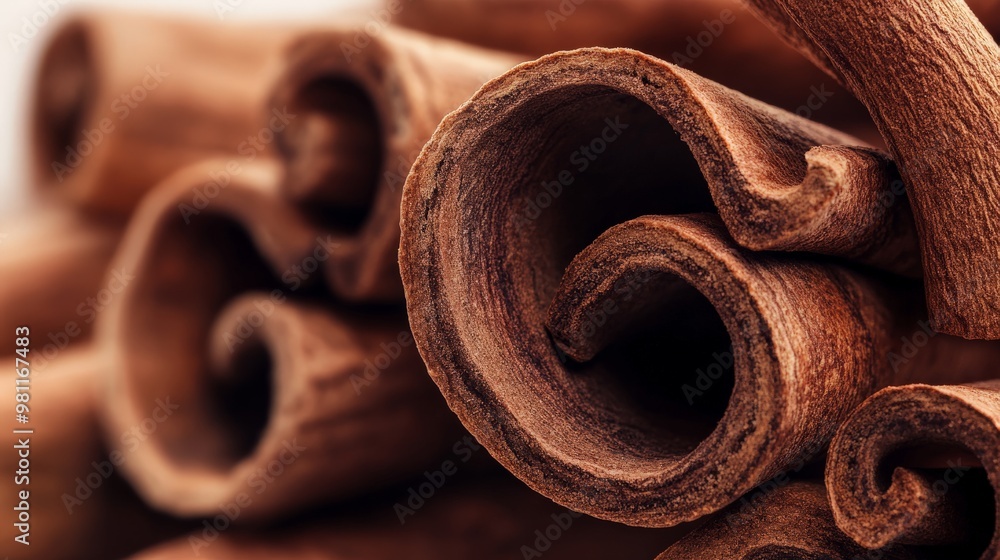 Poster close-up image of cinnamon sticks, showcasing the texture and color of the aromatic spice. perfect f