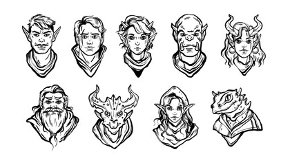 Fantasy character face collection, vector dungeon dragon game avatar set, medieval warrior, troll. Magic legend RPG hero kit, male female elf, scary creature, beard dwarf portrait. Fantasy character