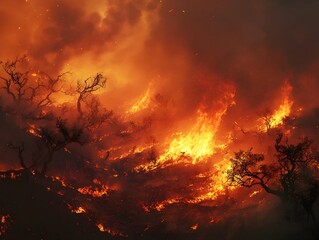 Devastating Wildfire Engulfs Wilderness Flames Consuming Trees and Vegetation