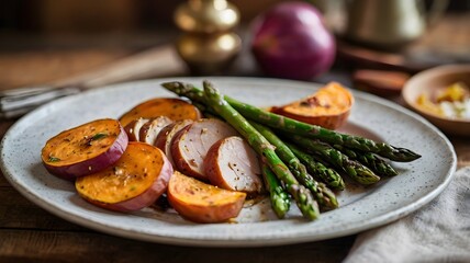 Rustic charm of a kitchen island with a vibrant plate of juicy turkey slices, roasted sweet potatoes, grilled asparagus spears, and caramelized onions