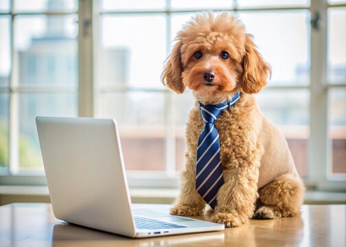Adorable toy poodle sits beside laptop in a bright office setting, donning a tiny tie, bringing canine charm to a workspace on a special day.