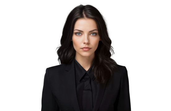 Portrait of a businesswoman in a black suit, isolated on white background, cut out