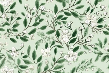 Christmas Seamless Pattern. Coniferous branches, cones, red artificial berries, thuja branches. Pattern for wrapping paper, greeting cards, invitations, fabric, prints.