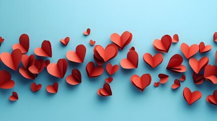 Fototapeta premium red paper hearts on blue background, romantic theme, minimal design 