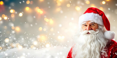 Santa's Winter Wonderland: Magical Santa in a Snowy Landscape with Soft Bokeh Lights Enhancing the Enchanting Atmosphere in Photo Stock Concept